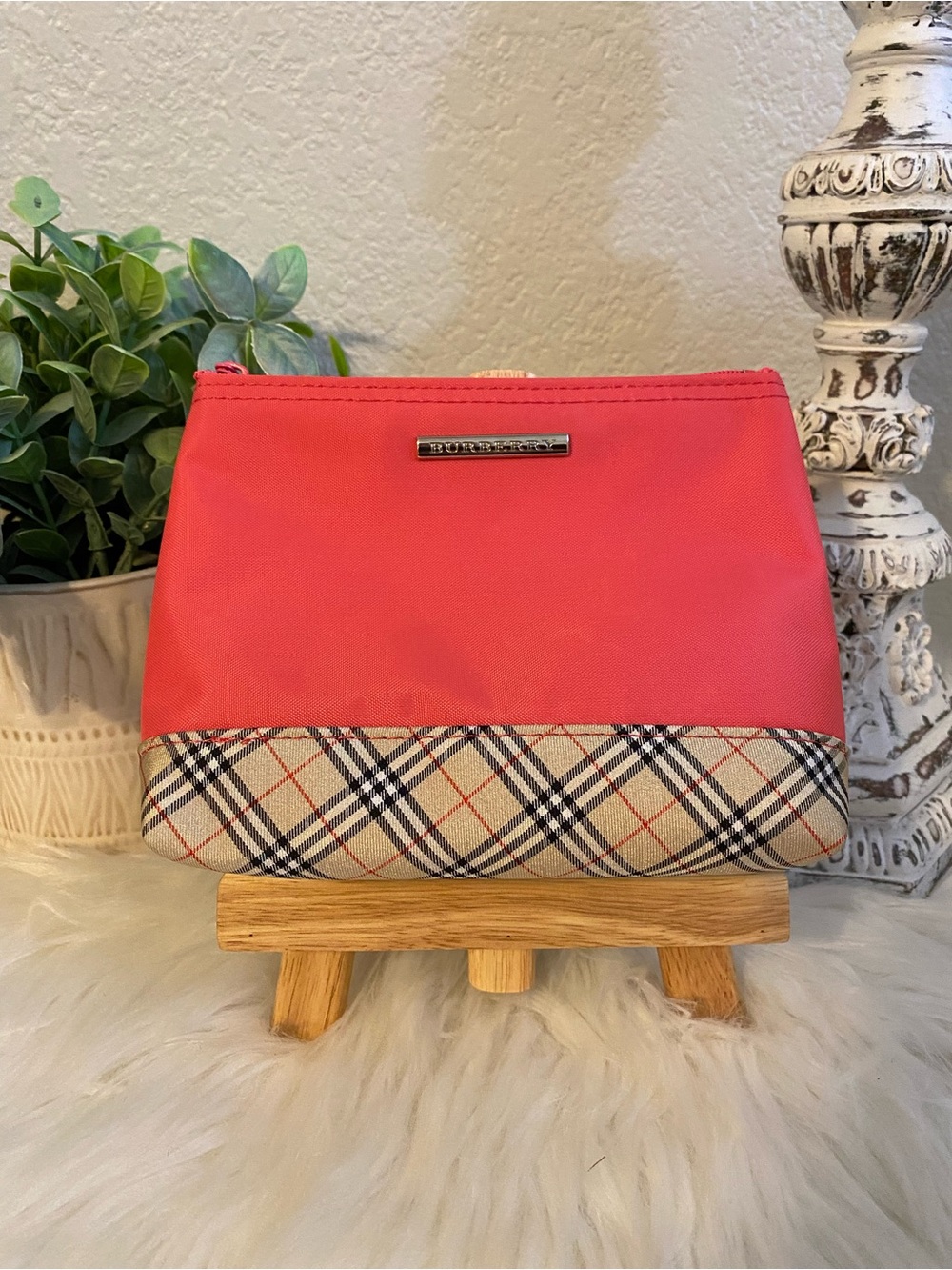 Coral Plaid Accent Cosmetic Pouch - Burberry